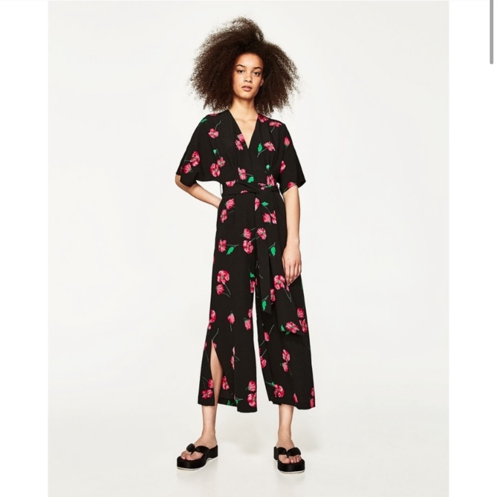 NWT ZARA Pink Flower Floral Slit Jumpsuit S